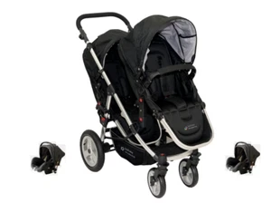 PASSEGGINO TRIO DOPPIO / GEMELLARE NERO CON 2 OVETTI AUTO PER BAMBINI POUSSETTE - Foto 1 di 13