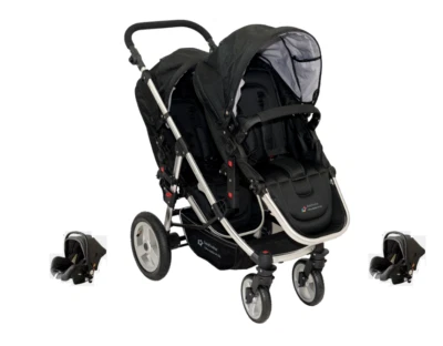 PASSEGGINO TRIO DOPPIO / GEMELLARE NERO CON 2 OVETTI AUTO PER BAMBINI POUSSETTE - Immagine 1 di 4