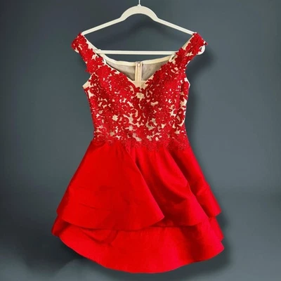 Blondie Nites Dress Womens Size 11 Red Nude Lace Layered Tulle Prom Formal Party - Image 1 of 4