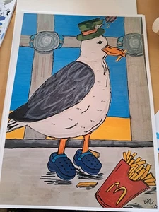 Print Of A Seagull Wearing Crocs And A Mad Hatters Hat Feasting On McDonald's - Picture 1 of 7