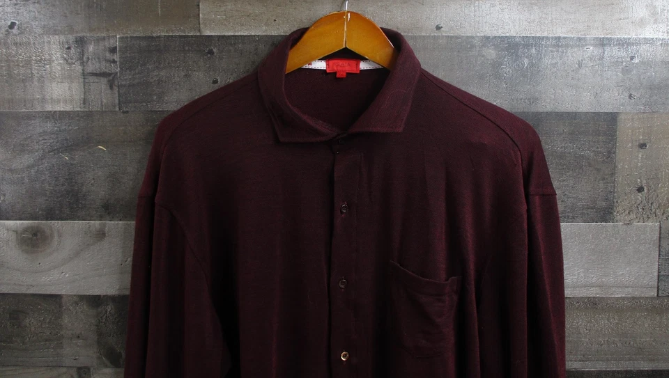 Camisa Isaia Para Hombre 2XL Borgoña Lana Botón Delantero Manga Larga Hecha en Italia Foto 1 de 4