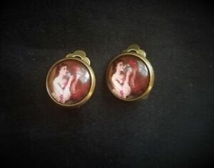 Victorian Woman & Parrot Cameo Cabochon Bronze Clip On Earrings, Steampunk, Boho