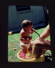 Baby Diaper water hose drink pool bucket swim cool sun  1979 Vintage Photo Slide