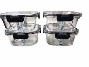 Set of 4 Glass Food Storage Containers, Plastic Snap Lids Compartments, Square - Picture 1 of 5
