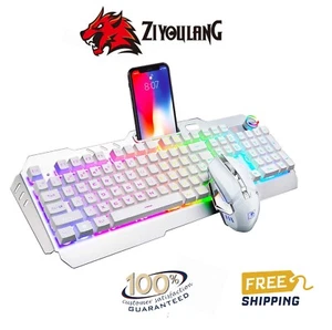 Wireless Gaming Keyboard and Mouse RGB Rainbow Backlit Rechargeable Metal Panel - Picture 1 of 15