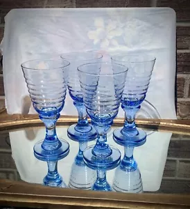 VINTAGE LIBBEY SIRRUS BLUE WINE GLASSES WATER GOBLETS RIBBED STEM SET OF 4 MINT - Picture 1 of 5