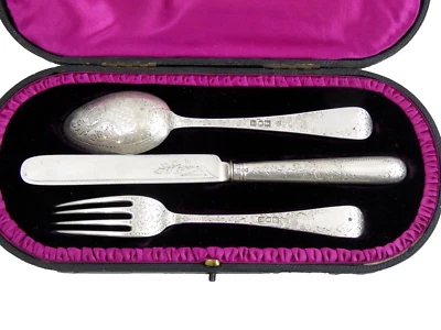 JUEGO DE POSTRE INGLÉS PLATA ESTERLINA: CUCHILLO DE FRUTA TENEDOR CUCHARA Estuche Ajustable Original Foto 1 de 4