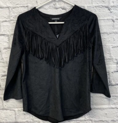 NUEVO Express Western Top Blusa Mujer XS Imitación Gamuza Flecos Negro 3/4 SLV Cuello en V Foto 1 de 4