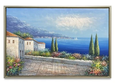 Hungryartist - Pintura al óleo original de la ciudad vista al mar sobre lienzo enmarcado 24x36 Foto 1 de 4