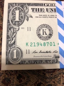 ONE (1) ✯ STAR NOTE SEQUENTIAL 2013 $1 DOLLAR BILL UNC CRISP from "K" BEP PACK - Picture 1 of 9