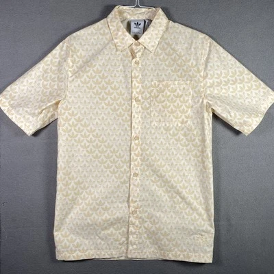 Adidas MONO Shirt Adult Small Beige Button Up Mens S Trefoil All Over Print S/S - Изображение 1 из 4