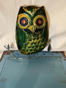 Enamel Owl Wall Hanging Green Owl Sittin On Metal Branch 8.” Tall - Picture 1 of 6