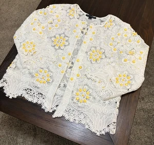 Boston Proper Floral Beaded Lace Jacket Yellow White Size Large - Picture 1 of 14