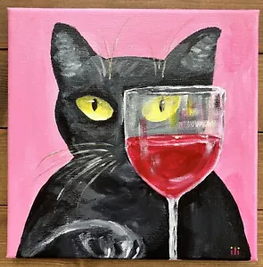 Original Acrylic Canvas Painting Contemporary Black Cat Wine Glass by ili - Picture 1 of 7