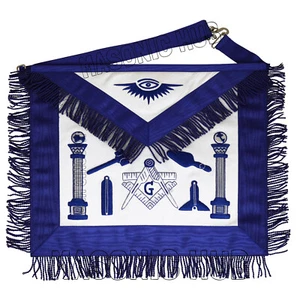 Handcrafted Lambskin Masonic Master Mason Working Tools Apron with Blue Fringe - Picture 1 of 5