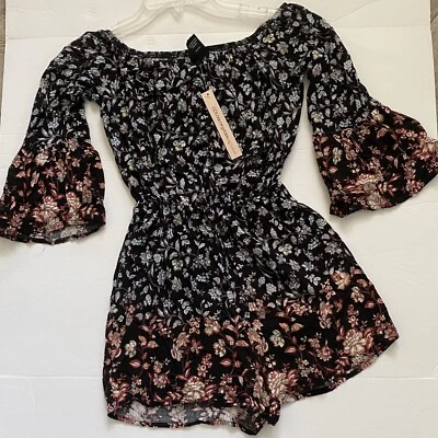Aqua Romper размер XSmall с плеча цветочный принт шорты Bell рукава черный - Изображение 1 из 4