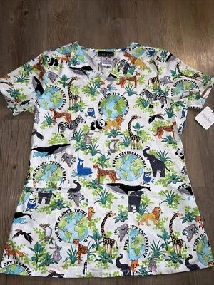 Nurses Scrub Top Size Small Save The Planet Earth Lion Panda Whale Elephant NEW - Image 1 of 4