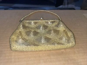 Vintage 50’s Rhinestone Gold Clutch (1) Handle Purse Evening Bag beaded 8x5 - Picture 1 of 10