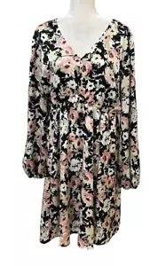 Vestido Babydoll Floral Manga Larga TORRID 3X Negro Rosa Cuello en V Forrado Talla Grande - Imagen 1 de 10