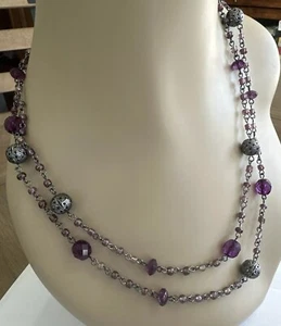Premier Designs Purple Passion Beaded Necklace Antique Silvertone Chain 40-42" - Picture 1 of 9