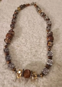 Vintage Metal & Agate Stone BOHO With Amber AB beaded Necklace 18” - Picture 1 of 8