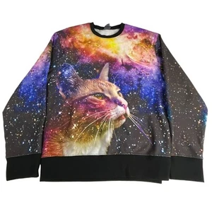 The Lost Gods Men's Sweatshirt Galaxy Cat Print XL Black Blue Polyester Spandex - Picture 1 of 4