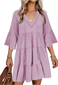 Womens Shift Dress V Neck Half Bell Sleeve Tassel Ruffle Tiered Swing Tunic Mini - Picture 1 of 5