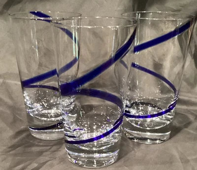 2 + 1 PIER 1 COBALT BLUE SWIRLINE SWIRL HIGHBALL GLASSES 6 5/8” Look Unused - Image 1 of 4