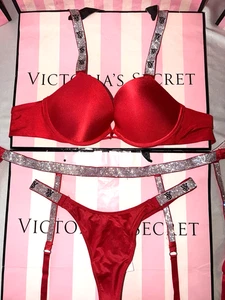 Sujetador Victorias Secret Bombshell Brillo Correa Liguero y Tanga Lápiz Labial Rojo 32B - Imagen 1 de 9