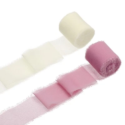 2 rollos de cinta de gasa, cinta de seda de 1,5 pulgadas x 5 yardas, rosa intenso/blanco crema Foto 1 de 4