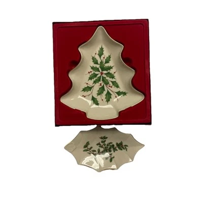 "Lenox Plato de Caramelo de Navidad Holly Berry 7"" Borde de Oro Blanco Lote de 2 Porcelana" Foto 1 de 4