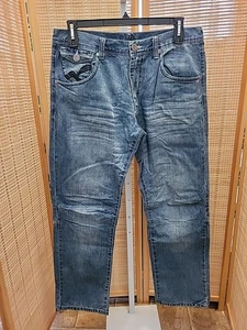D Lux Mens Jeans Size 36 x 32 Blue Distressed Embellished Pocket Straight Legs - Picture 1 of 13
