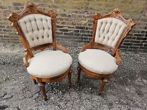 Victorian Antique rare Walnut Burl Ornate wood carved Chair matching pair - Picture 1 of 20