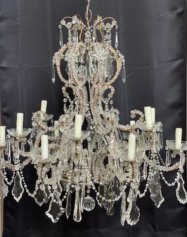 Antique French Crystal Macaroni Beaded Chandelier 12 Light 32” Cover