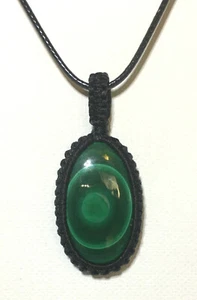 Bullseye Malachite Cabochon Braided Wrap Pendant Necklace 18" Black Cord - Picture 1 of 3