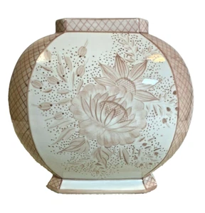 Vintage MCM Italian Porcelain Octagonal Vase Hand Painted Floral Pink/White - Picture 1 of 5
