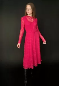 Nana 70's Vintage Pink Crochet Long Sleeve Belted Semi Sheer Boho Midi Dress - Picture 1 of 9