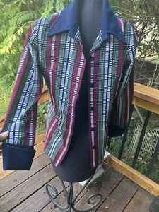 Vintage 70's Plaid Groovy MOD Blue Polyester Shirt Leisure Jacket S Costume - Picture 1 of 4