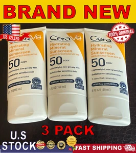CeraVe Hydrating Mineral Sunscreen SPF 50 | 5 fl oz | Sensitive skin |3 PACK - Picture 1 of 1