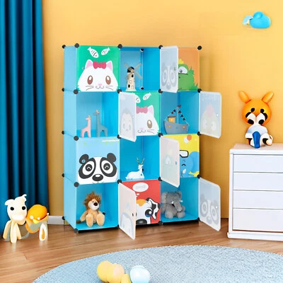 Armario de almacenamiento para niños - 4 niveles, 12 cubos, 2 varillas colgantes, modular hágalo usted mismo, azul Foto 1 de 4