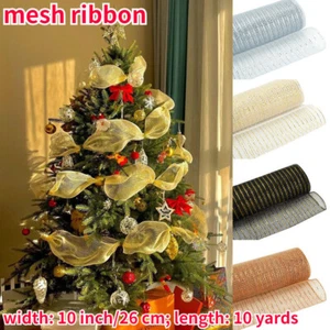 10 Yards Christmas Metallic Mesh Ribbon Deco DIY Wreath Xmas Tree Gift Wrap - Picture 1 of 38