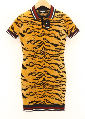 Abito donna DSQUARED2 S giallo marrone stampa animalier manica corta colletto mini