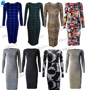 Damen Langarm MIDI Kleid Stretch Bodycon einfach Jersey Maxi Übergröße - Bild 1 von 8