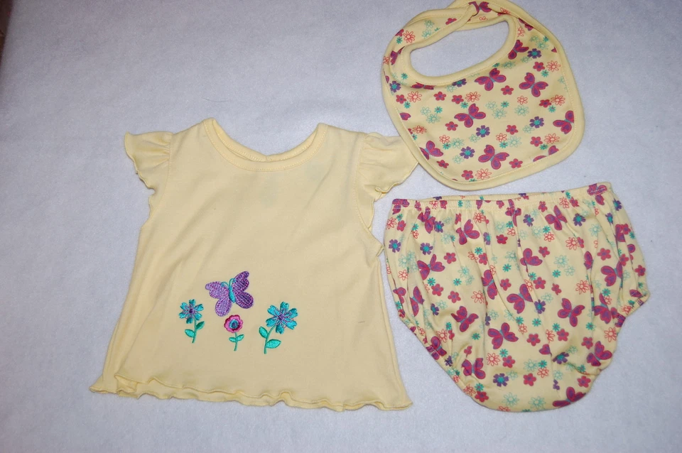Conjunto de 3 piezas CAMISETA AMARILLA Bloomers BABERO 0-3 meses flores mariposa para niñas pequeñas Foto 1 de 1