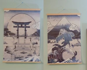 2 Japanese Art Print Wall Hanging Canvas Scroll Red-Crowned Crane & Koi Fish Lot - Picture 1 of 5