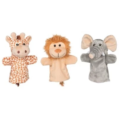 3 Handpuppen goki Wild Life Plüsch Theater 27,5cm Elefant Löwe Giraffe neu - Bild 1 von 2