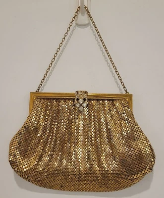 Whiting Davis Gold Mesh Rhinestone Clasp Vintage 50's Formal Duramesh Purse  - Image 1 of 4