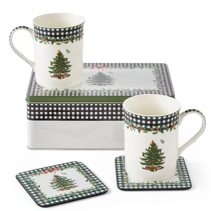 Christmas Tree 5-Piece Mug & Tin Set – Fine China Mugs & Cork Coasters, Holid... - Picture 1 of 7