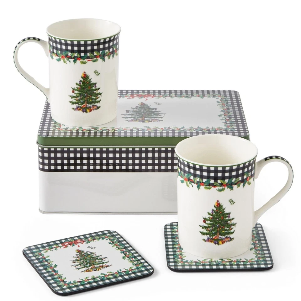 Christmas Tree 5-Piece Mug & Tin Set – Fine China Mugs & Cork Coasters, Holid... - Image 1 of 4