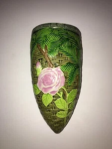 Vintage Majolica Wall Pocket/Vase Rose Basket Weave Cone - Picture 1 of 6
